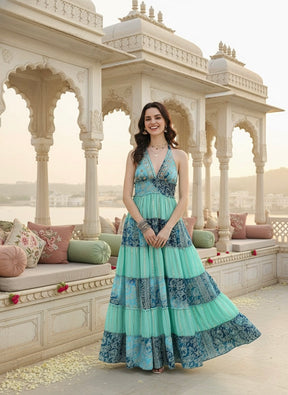 Halter Neck Multi Panel Embroidery Hand Work Boho printed Maxi Dress in Turquoise Trails