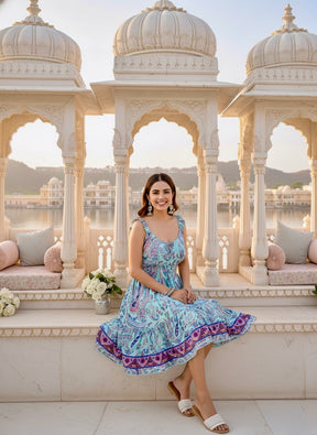 Flair Hem Boho Printed Short Dress - Sky Dreams