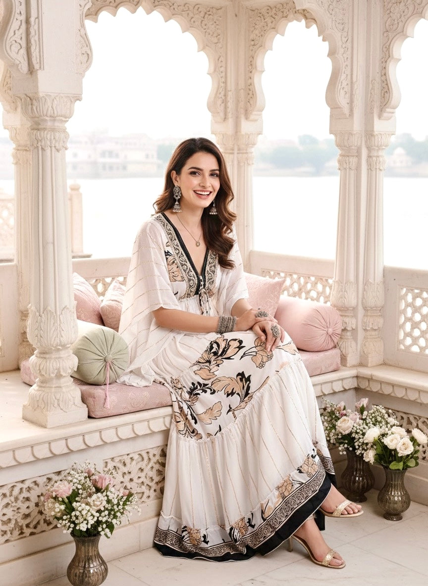 ⬆️Rising - Criss Cross Boho Printed Embroidered Hand Work Butterfly sleeves maxi dress in Whispering Fern