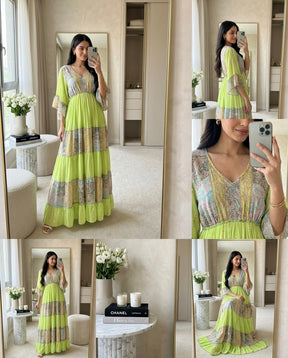Embroidery Hand Work Bell Sleeves Front Boho Printed Maxi Dress -  Lime Blossom