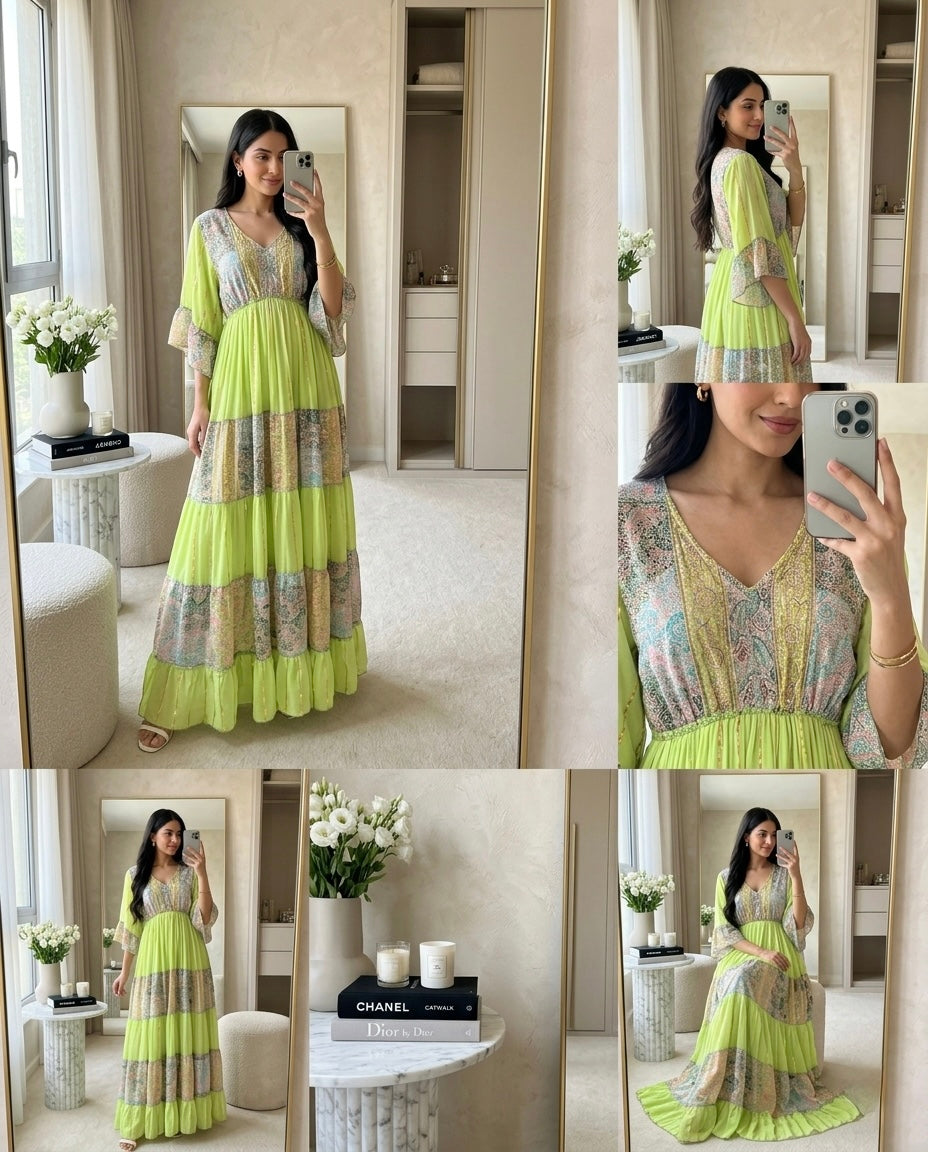 Embroidery Hand Work Bell Sleeves Front Boho Printed Maxi Dress -  Lime Blossom
