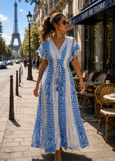 Embroidery Featured Rayon Lurex Boho Printed Maxi Dress Blue Ocean Whisper