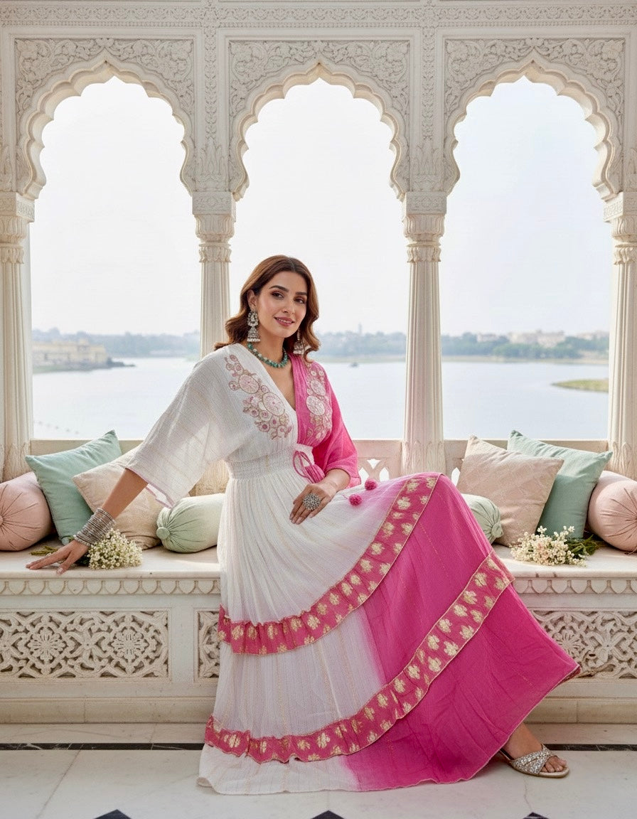 ⭐️Best Seller- Two Shade Hand Embroidered Kaftan Maxi Dress - Pink