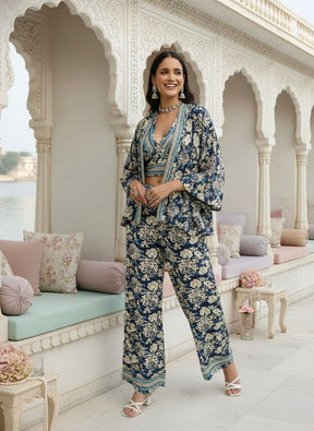 Boho Printed Bell Sleeves Kimono Coordinate Set - Blue Mirage