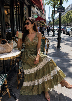 V Neck Embroidery Hand Work Boho Printed Maxi Dress- Olive Élan Maxi ✨
