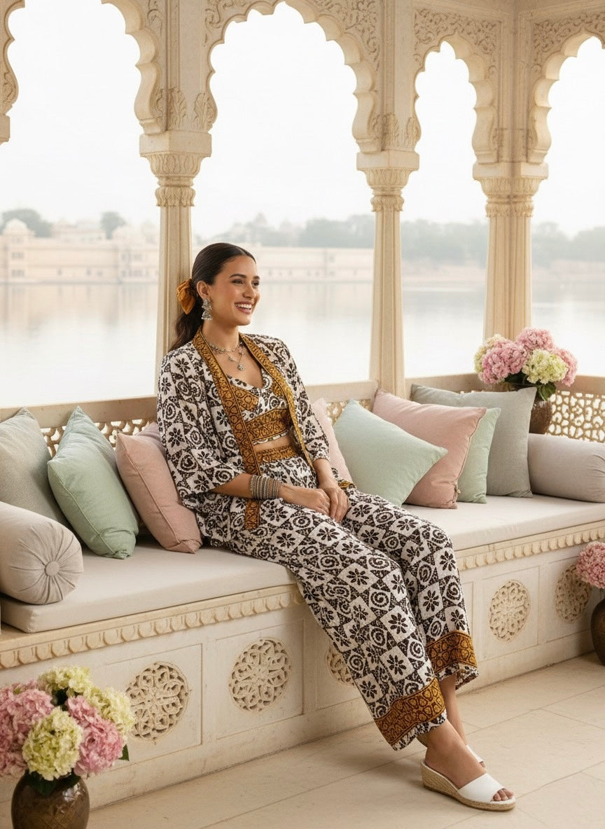 Boho Printed Bell Sleeves Kimono Coordinate Set - Shadow & Light