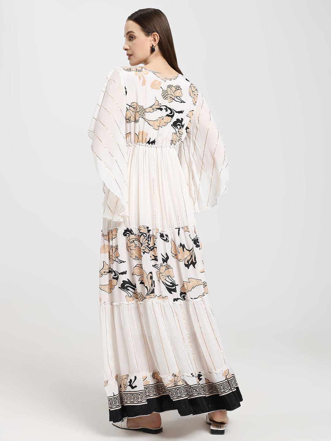 Criss Cross Boho Printed Embroidered Hand Work Butterfly sleeves maxi dress in Whispering Fern