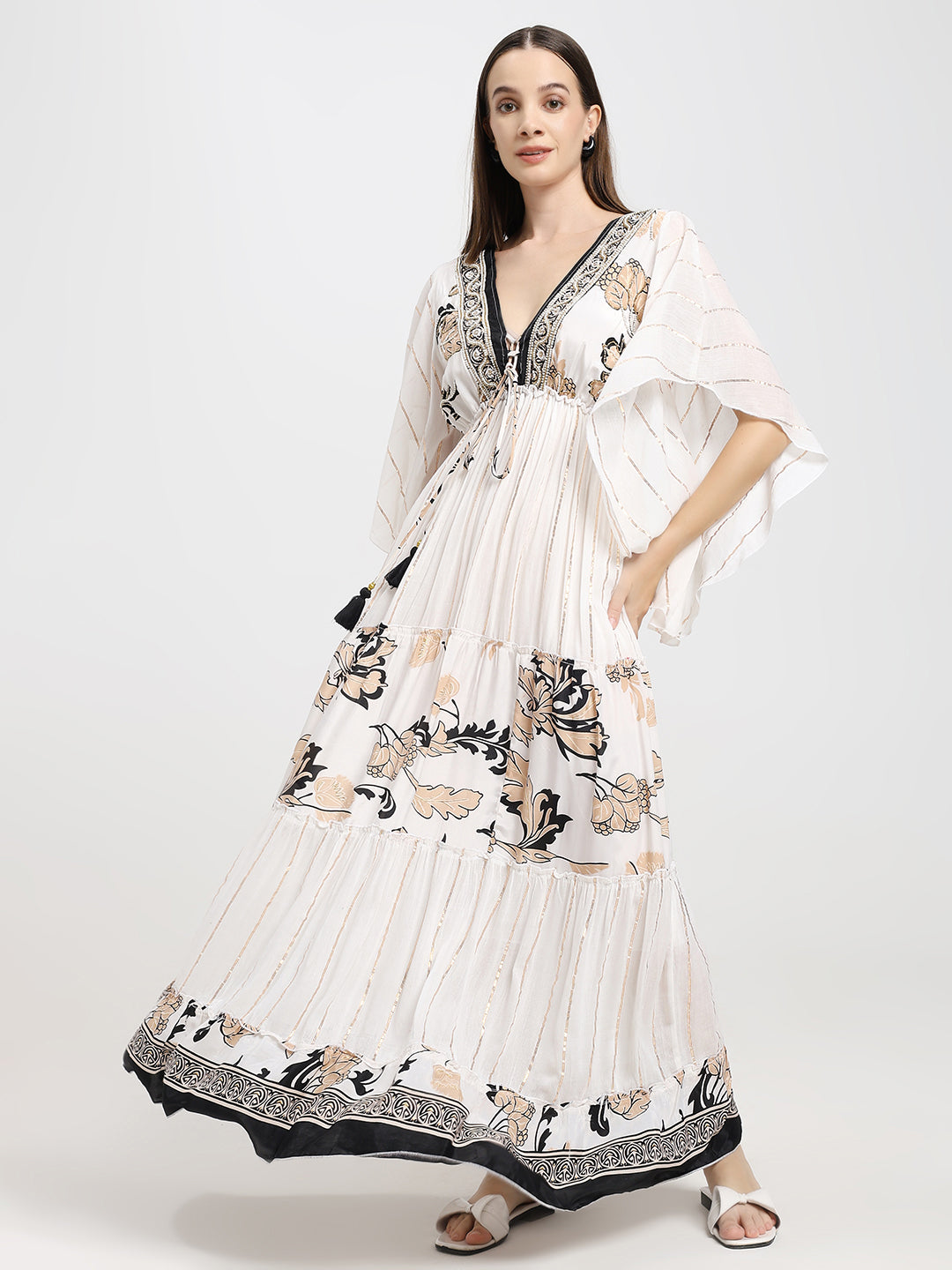 Criss Cross Boho Printed Embroidered Hand Work Butterfly sleeves maxi dress in Whispering Fern