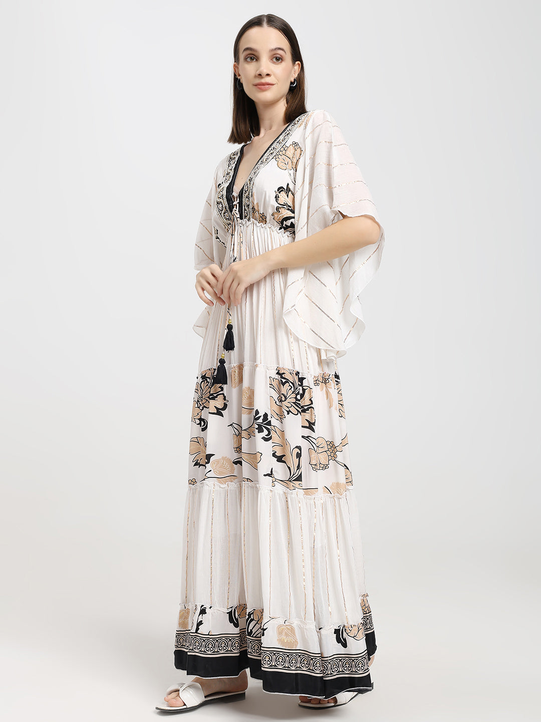 Criss Cross Boho Printed Embroidered Hand Work Butterfly sleeves maxi dress in Whispering Fern