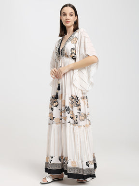 Criss Cross Boho Printed Embroidered Hand Work Butterfly sleeves maxi dress in Whispering Fern