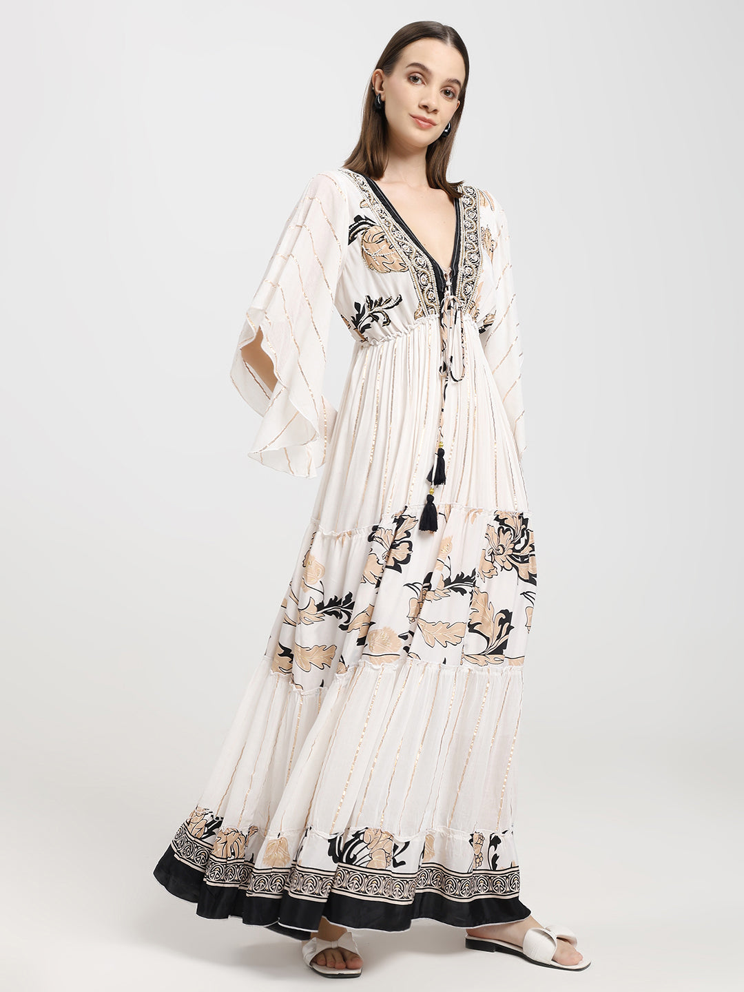 Criss Cross Boho Printed Embroidered Hand Work Butterfly sleeves maxi dress in Whispering Fern