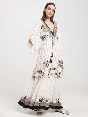Criss Cross Boho Printed Embroidered Hand Work Butterfly sleeves maxi dress in Whispering Fern