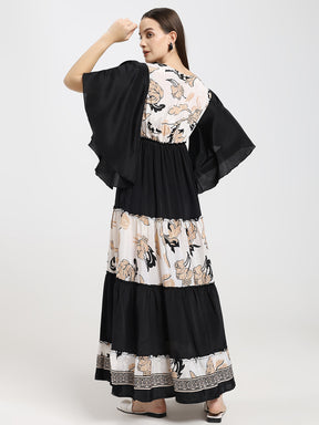 Criss Cross Boho Printed Embroidered Hand Work Butterfly sleeves maxi dress in Dusky Fleur
