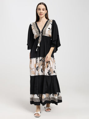 Criss Cross Boho Printed Embroidered Hand Work Butterfly sleeves maxi dress in Dusky Fleur