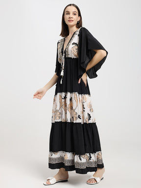 Criss Cross Boho Printed Embroidered Hand Work Butterfly sleeves maxi dress in Dusky Fleur