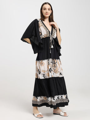 Criss Cross Boho Printed Embroidered Hand Work Butterfly sleeves maxi dress in Dusky Fleur