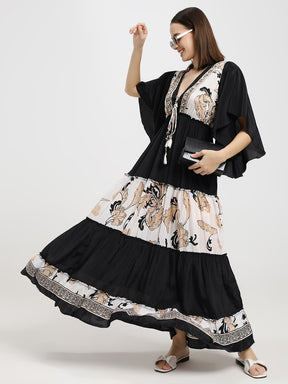 Criss Cross Boho Printed Embroidered Hand Work Butterfly sleeves maxi dress in Dusky Fleur