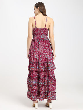 V Neck Boho Printed Embroidery Hand Work Breeze Maxi Dress- Berry Bloom