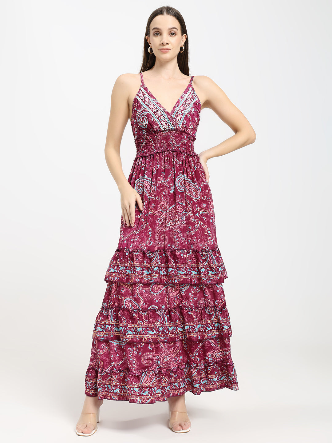 V Neck Boho Printed Embroidery Hand Work Breeze Maxi Dress- Berry Bloom