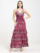 V Neck Boho Printed Embroidery Hand Work Breeze Maxi Dress- Berry Bloom