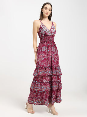 V Neck Boho Printed Embroidery Hand Work Breeze Maxi Dress- Berry Bloom