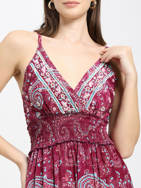 V Neck Boho Printed Embroidery Hand Work Breeze Maxi Dress- Berry Bloom