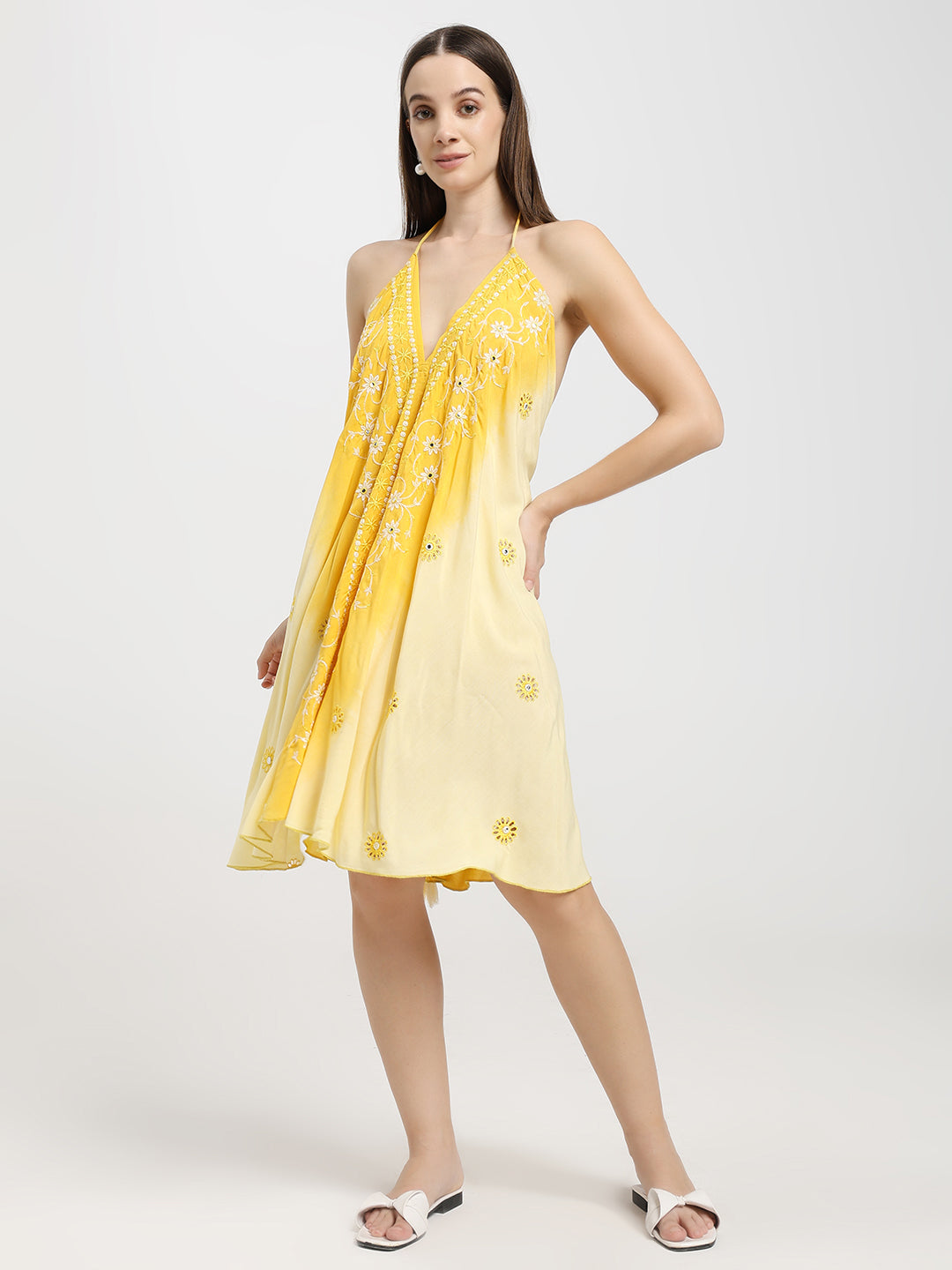 Embroidery work Short Tie Back Backless Maxi Dress - Sunlight Blossom