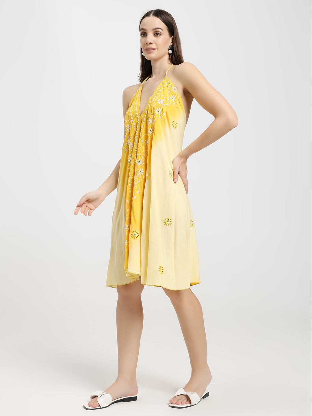 Embroidery work Short Tie Back Backless Maxi Dress - Sunlight Blossom