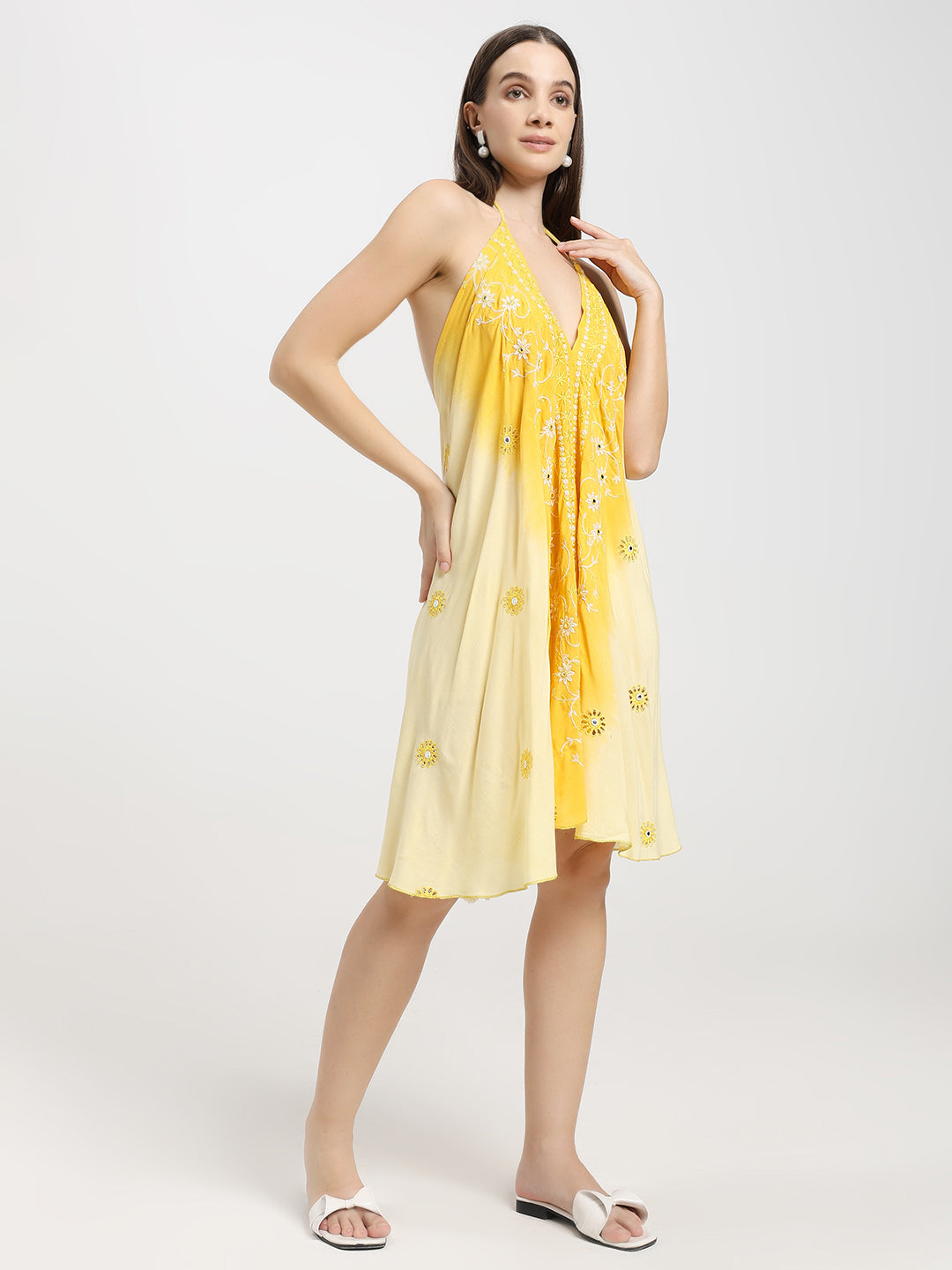 Embroidery work Short Tie Back Backless Maxi Dress - Sunlight Blossom