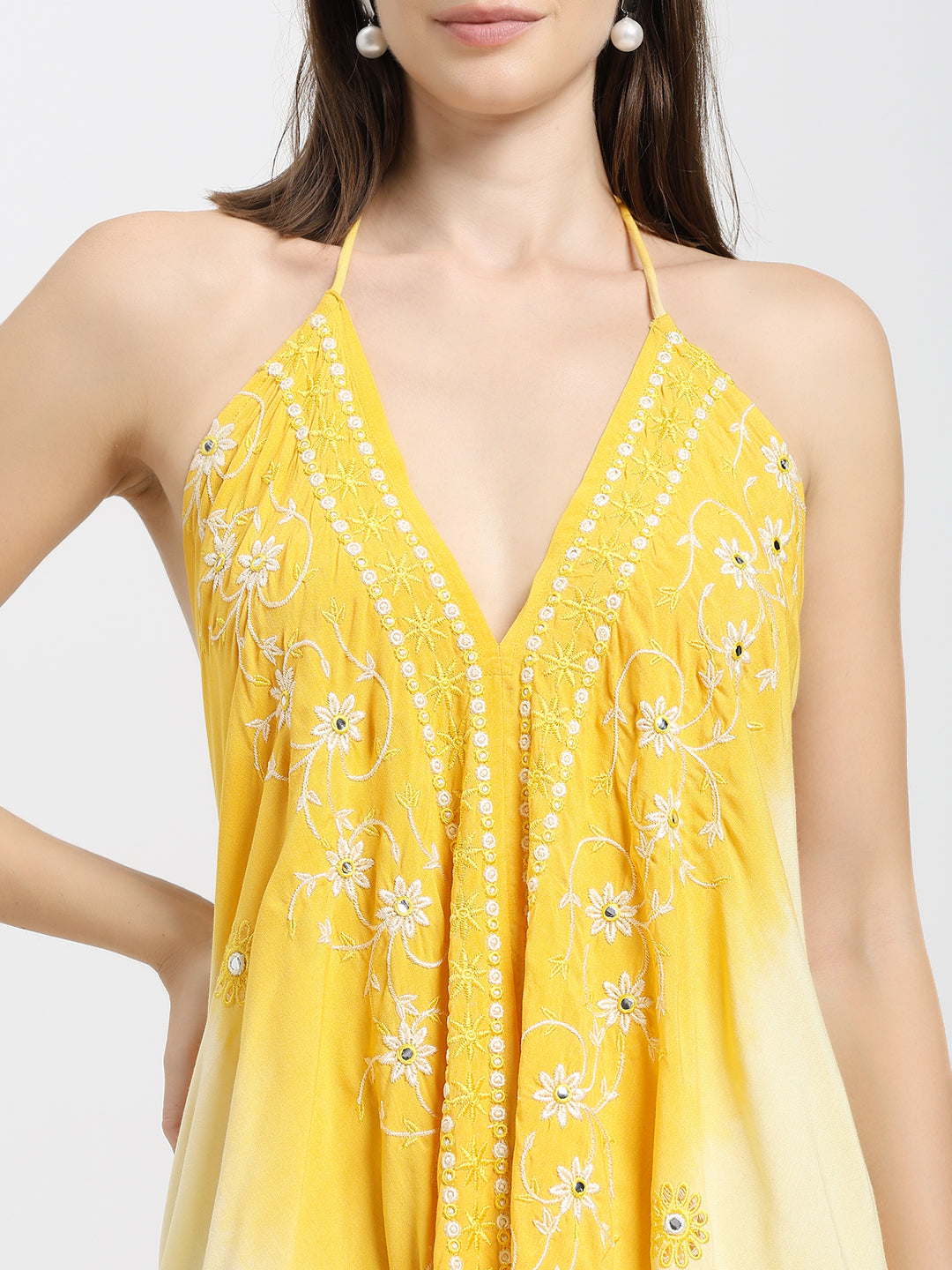 Embroidery work Short Tie Back Backless Maxi Dress - Sunlight Blossom