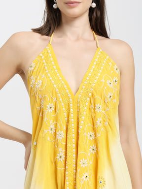 Embroidery work Short Tie Back Backless Maxi Dress - Sunlight Blossom