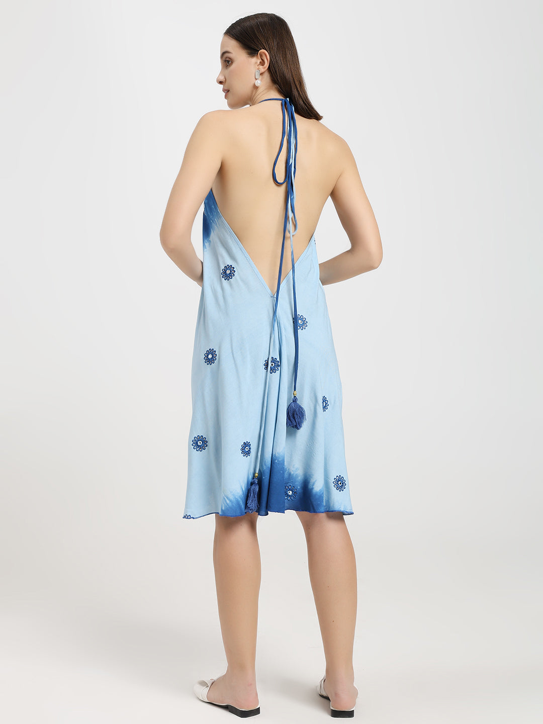 Embroidery work Short Tie Back Backless Maxi Dress - Ocean Bloom