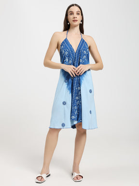 Embroidery work Short Tie Back Backless Maxi Dress - Ocean Bloom
