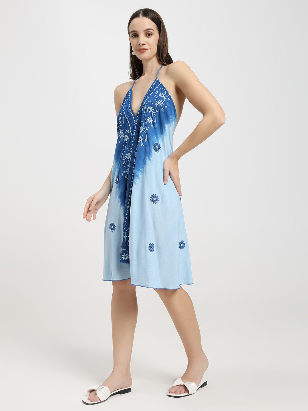 Embroidery work Short Tie Back Backless Maxi Dress - Ocean Bloom