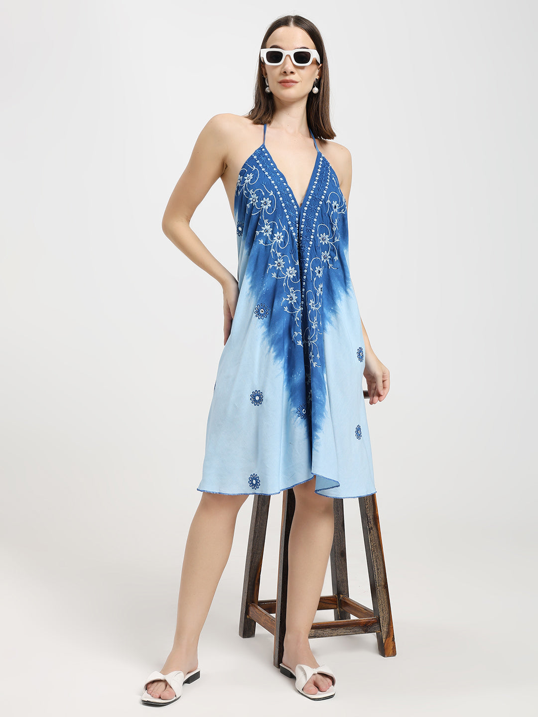 Embroidery work Short Tie Back Backless Maxi Dress - Ocean Bloom