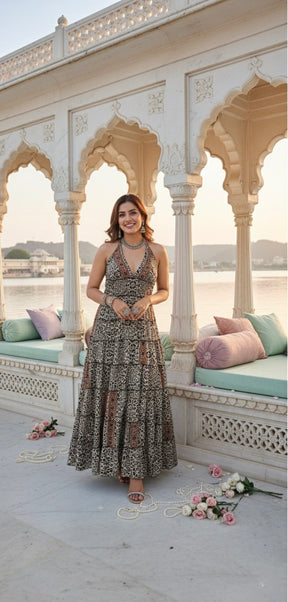 ⭐️Best Seller- Halter Neck Multi Panel Boho printed Maxi Dress In Black and White