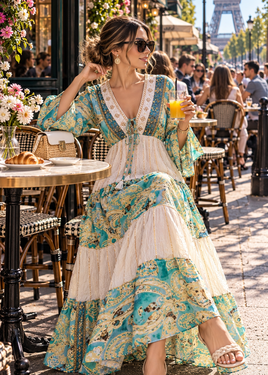 🍀Embroidery Hand Work Bell Sleeves Maxi Dress - Emerald Nomad
