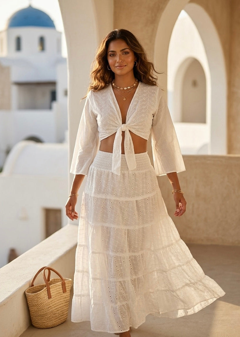 Aria Eyelet Lace Up Crop Top & Maxi Skirt Set