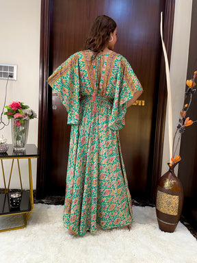 Bell Sleeves Criss Cross Front Boho Printed Maxi Dress - Forest Fling