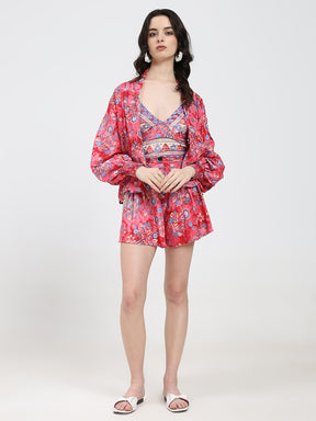 Puff Sleeves Kimono and Shorts Coordinate Set (3 Piece)- Pink Potion