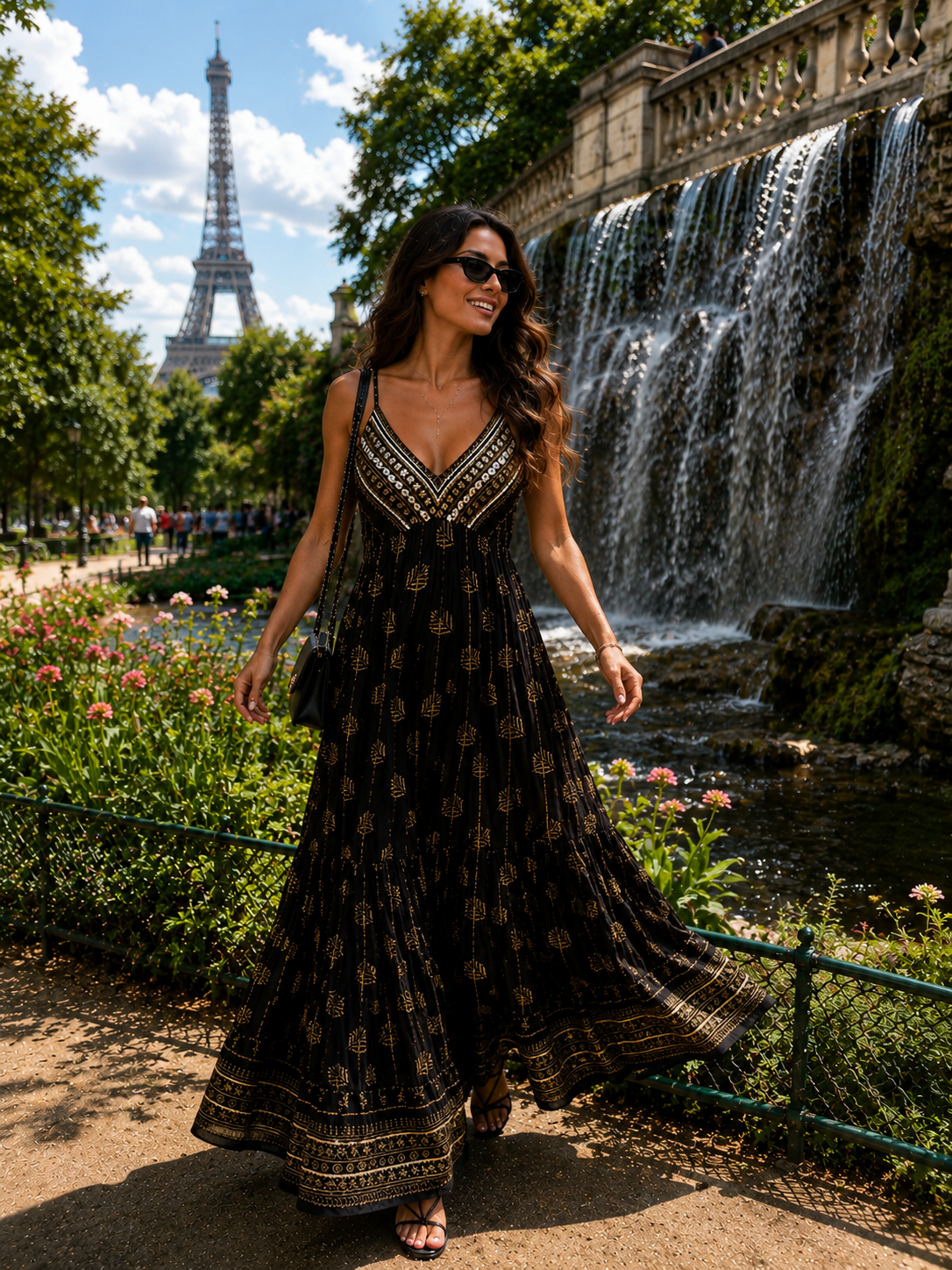 V Neck Embroidery Hand Work Boho Printed Maxi Dress- Black Fern Elegance