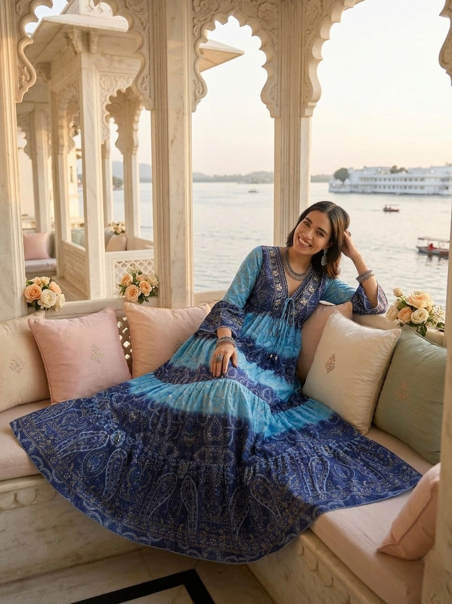 Embroidery Hand Work Bell Sleeves Front Boho Printed Maxi Dress -  Oceanic Charm