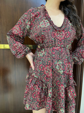 Multi Frill Cut Out Boho Print Short Dress- Red