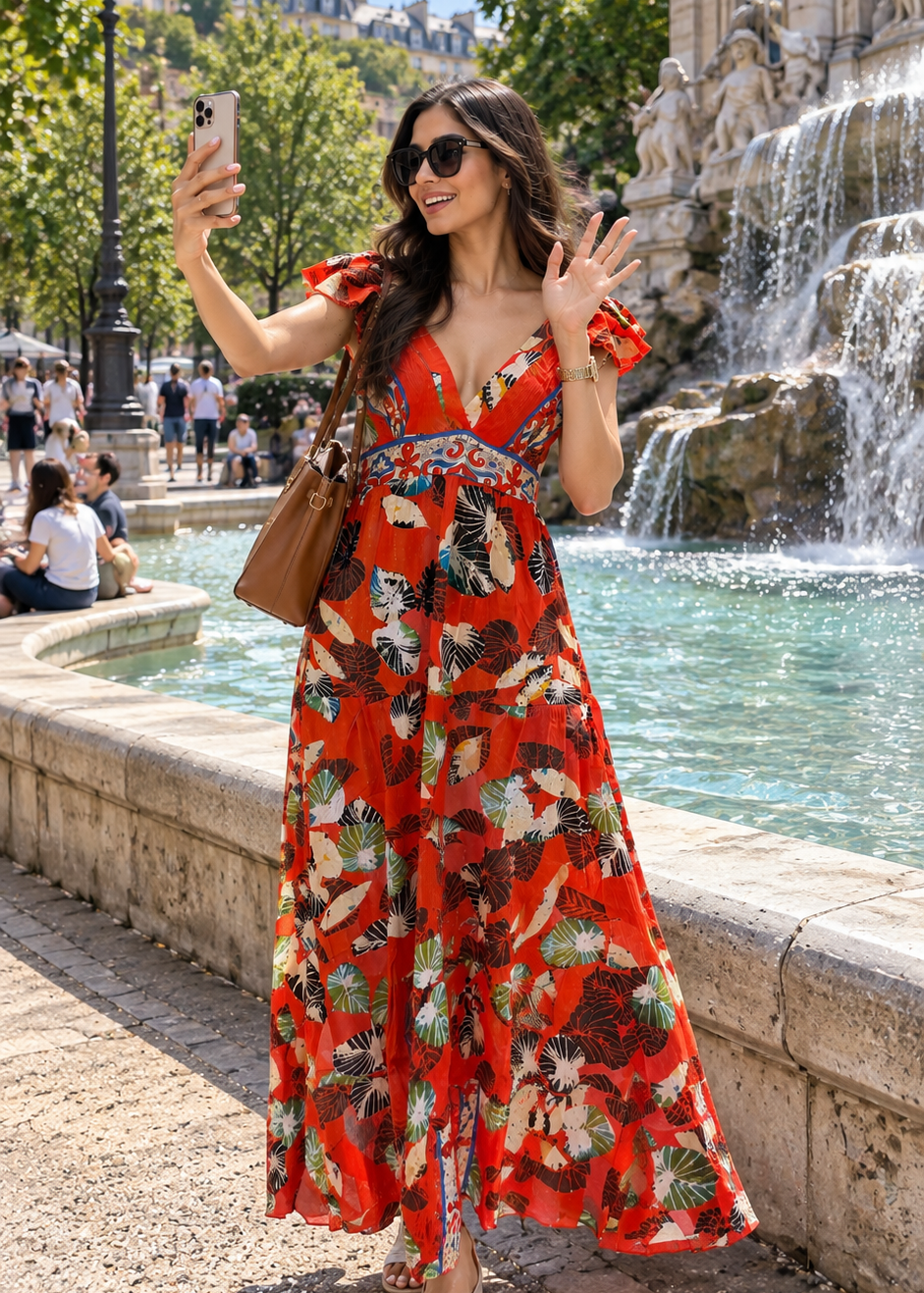🧡Multi-Tier Deep V Neck Cap Sleeves Lurex Maxi Dress in     Tangerine Flora