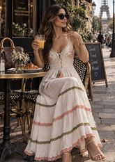 🌸V Neck Embroidery Hand Work Boho Maxi Dress - Rosé Belle Maxi 🩵