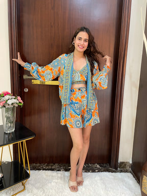 Puff Sleeves Kimono and Shorts Coordinate Set (3 Piece)-  Citrus Skyline SmisingbBee
