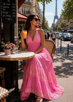 Halter Neck Multi Panel Embroidery Work Boho Maxi Dress in Pink Lumière 🌸