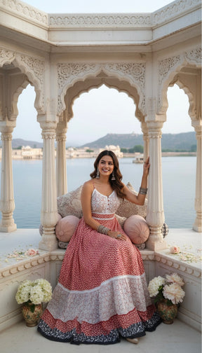 Peachy Petals Lace Featured Cotton Long Dress
