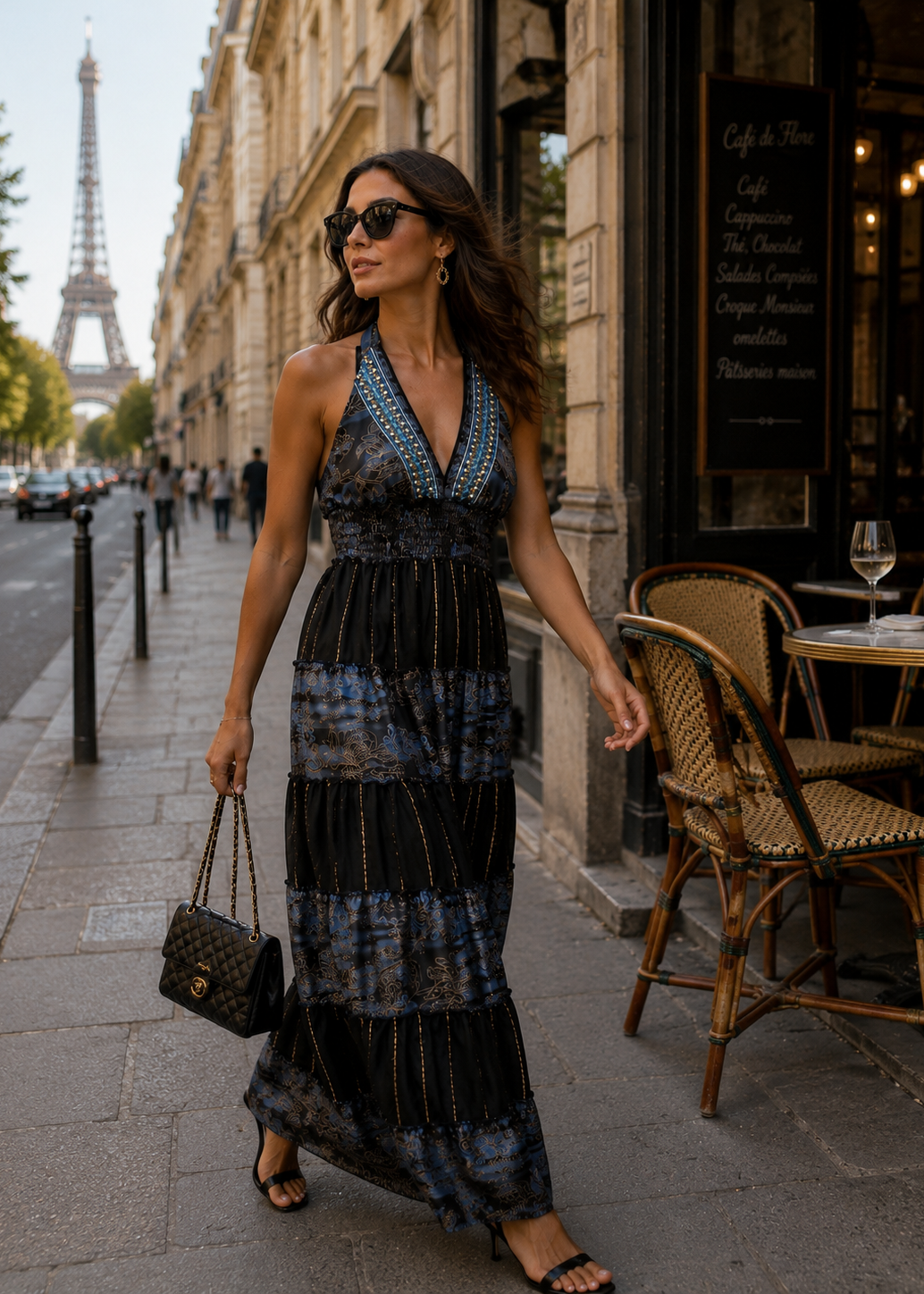 Halter Neck Multi Panel Embroidery Hand Work Boho printed Maxi Dress in Twilight Bloom