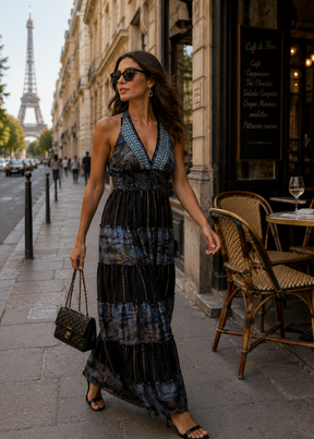 Halter Neck Multi Panel Embroidery Hand Work Boho printed Maxi Dress in Twilight Bloom